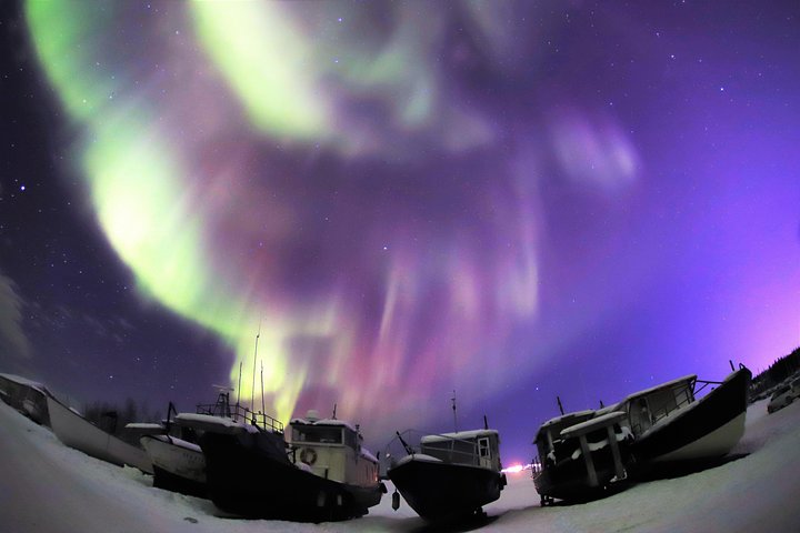 Turistas a observar a Aurora Boreal de um autocarro no Ingraham Trail em Yellowknife, Canadá, foto 7 | wizardtrip