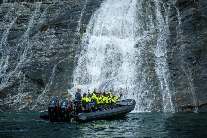 Snelle RIB-boottocht op het Geirangerfjord, Noorwegen, met watervallen en bergboerderijen, foto 7 | wizardtrip