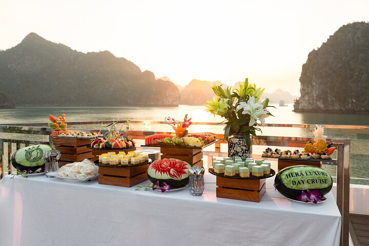 Luxury Hera Cruise navigating through the stunning karst formations of Halong Bay, Vietnam, photo 46 | wizardtrip