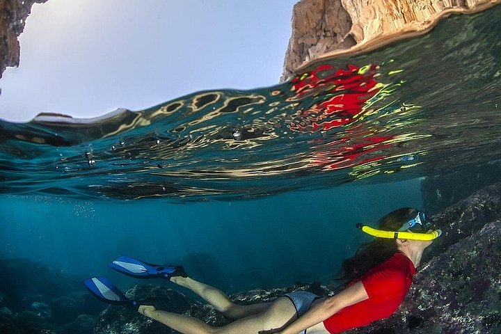 Practicantes de snorkel explorando vibrantes arrecifes de coral y cuevas marinas en un tour en lancha rápida en la Isla Grande, Hawái, foto 9 | wizardtrip