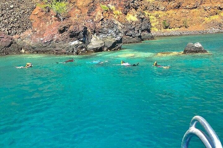 Practicantes de snorkel explorando vibrantes arrecifes de coral y cuevas marinas en un tour en lancha rápida en la Isla Grande, Hawái, foto 15 | wizardtrip