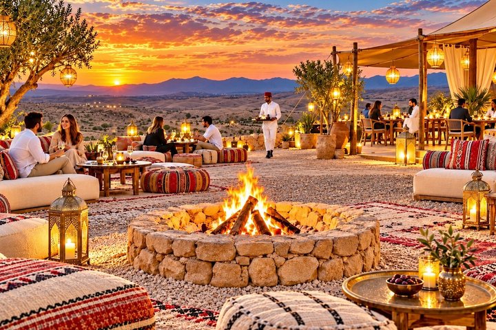 Désert d'Agafay : Coucher de soleil, balade à dos de dromadaire, dîner marocain et spectacle de feu | wizardtrip