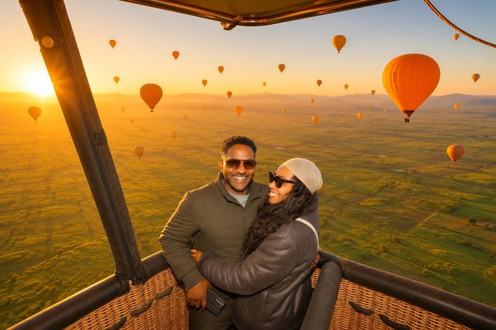 Hot air balloon floating over Marrakech at sunrise with Atlas Mountains view, photo 6 | wizardtrip