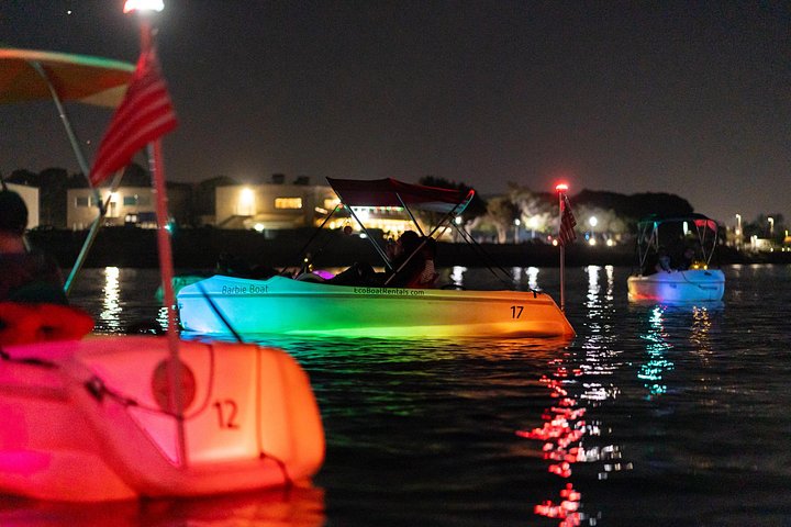 Nattlig pedalbåtutleie i San Diego Bay med neonlys og utsikt over byens skyline, foto 12 | wizardtrip