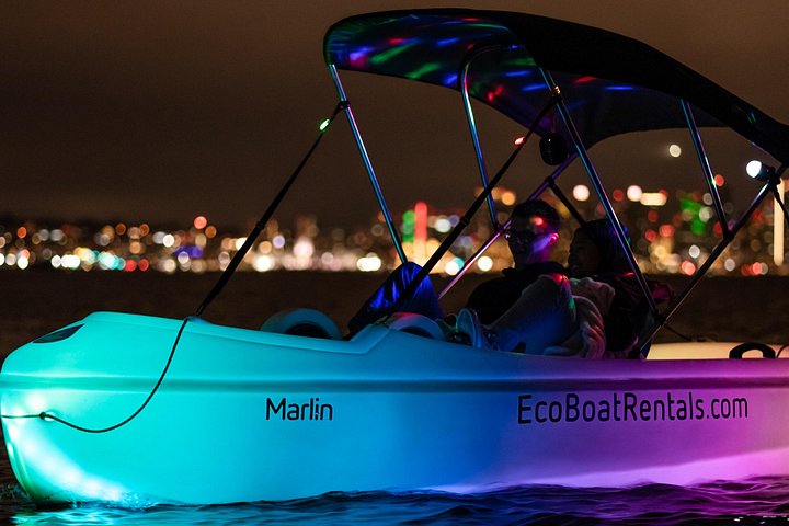Nattlig pedalbåtutleie i San Diego Bay med neonlys og utsikt over byens skyline, foto 15 | wizardtrip