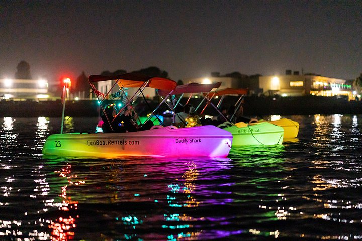 Nattlig pedalbåtutleie i San Diego Bay med neonlys og utsikt over byens skyline, foto 18 | wizardtrip
